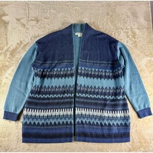 Orvis Womens Blue Fair Isle Geometric Open Front Cardigan Sweater Pockets Size L